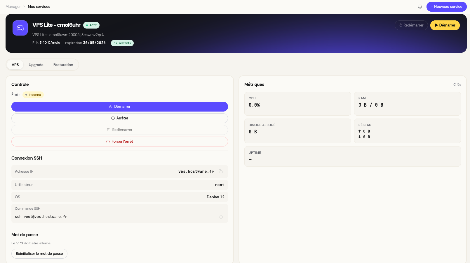 Dashboard VPS HOSTWARE — Métriques en temps réel