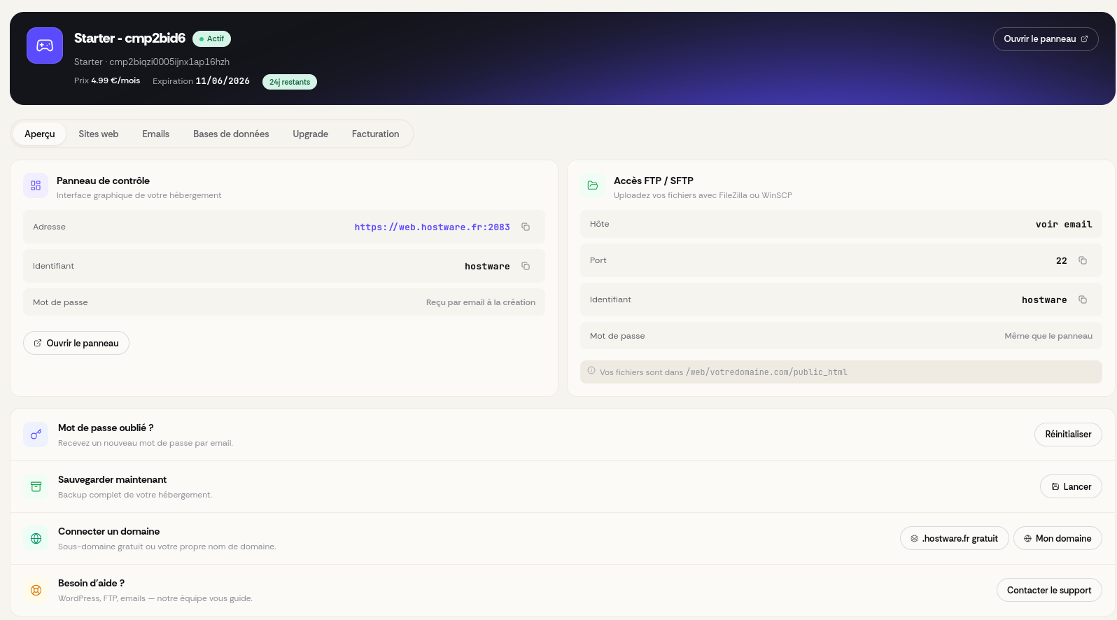 Dashboard Web HOSTWARE — Métriques en temps réel